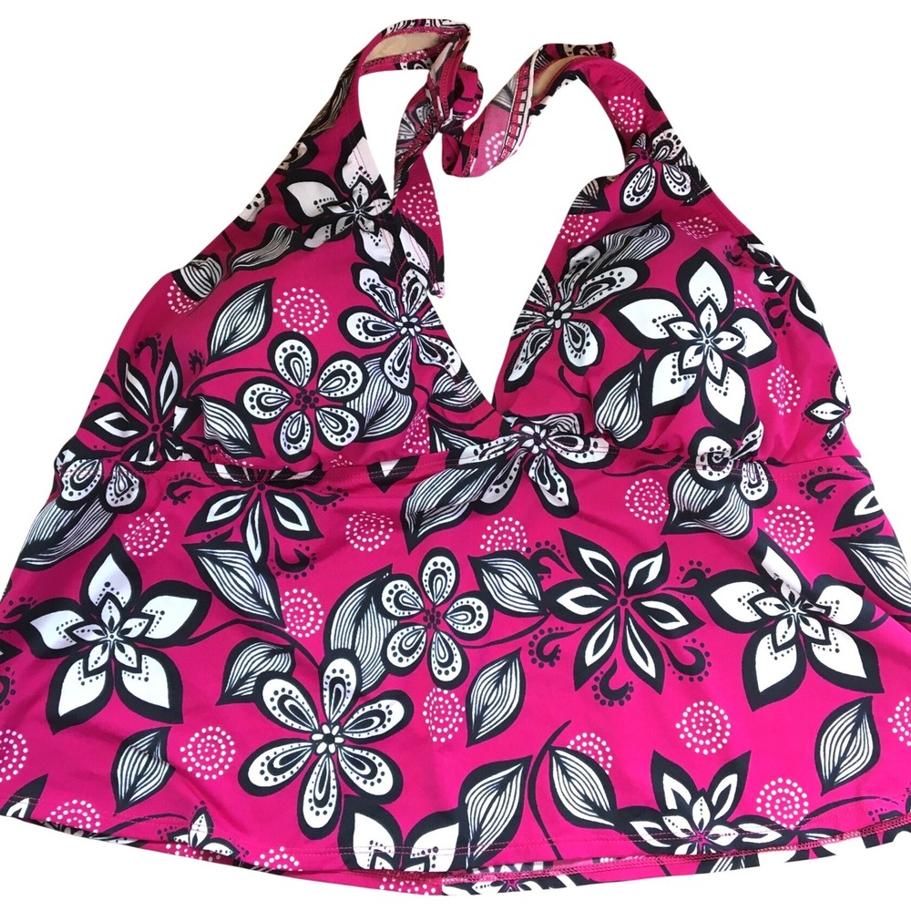 Catalina Tankini Swim Top Womens 3X Pink Black Floral Halter Padded Excellent